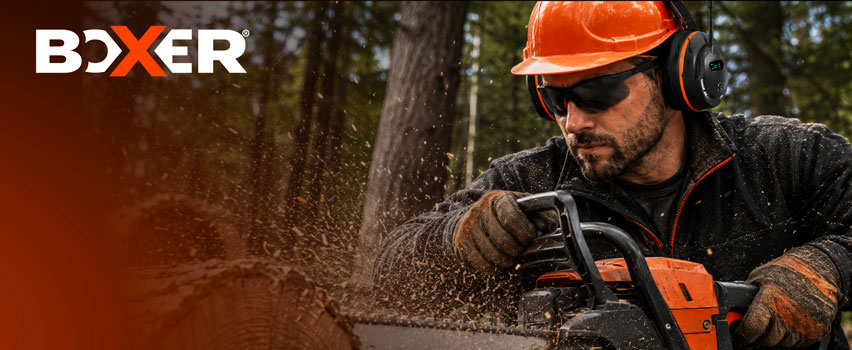 Boxer skyddsutrustning – arbetare med hörselskydd, skyddsglasögon och hjälm använder motorsåg i skogen