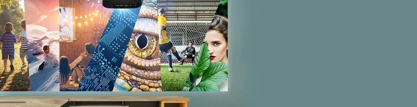 Collage of film sport gaming and nature showing reliable Epson projector entertainment for years to come