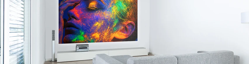 Large projected screen up to 300 inches with Epson home projector in a bright living room