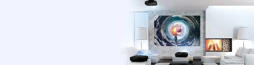 Bright living room with Epson projector setup featuring motorised zoom and lens shift