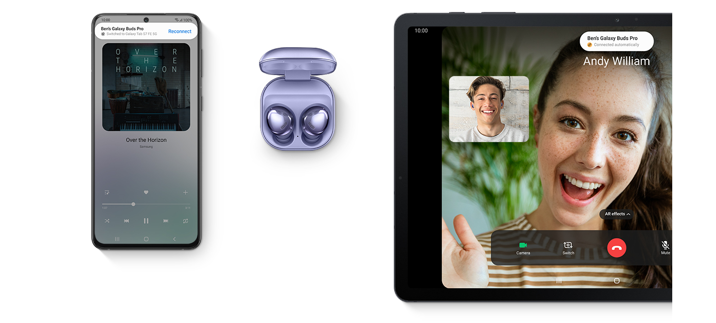 1. Galaxy-smartphone och Galaxy Tab S7 FE 5G, båda ses framifrån. Båda har samma webbplats på skärmen och visar en blogg med recept.
                                                                2. Galaxy-smartphone och Galaxy Tab S7 FE 5G, båda ses framifrån. Båda har Samsung Notes på skärmen, som visar receptet på en Sub-sandwich.
                                                                3. Galaxy-smartphone, Galaxy Buds Pro och Galaxy Tab S7 FE 5G. Galaxy Buds Pro ses uppifrån och är öppen med hörlurarna inuti. Telefonen visar Music-appen på skärmen och ett meddelande om att: Bens Galaxy Buds Pro bytte till surfplattan. Surfplattan visar ett videosamtal mellan en man och en kvinna och ett meddelande som säger:  Galaxy Buds Pro anslöt automatiskt.