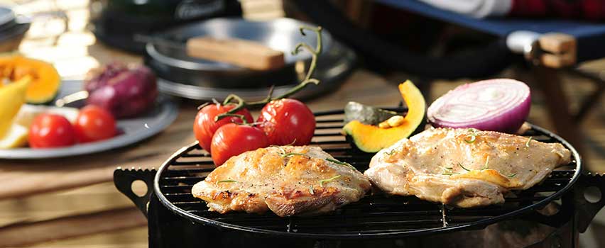 Saftiga kycklingfiléer och grönsaker tillagas på en elgrill i en utomhusmiljö på sommaren.