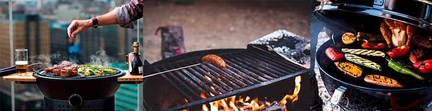Tre bilder av kryddning av grillmat, en korv som grillas över kol och grönsaker som grillas i en rund grill.