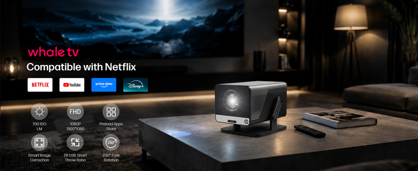 HP Whale TV Smart Projektor – kompatibel med Netflix, YouTube, Prime Video och Disney+ – FHD 1080p med 230° rotation