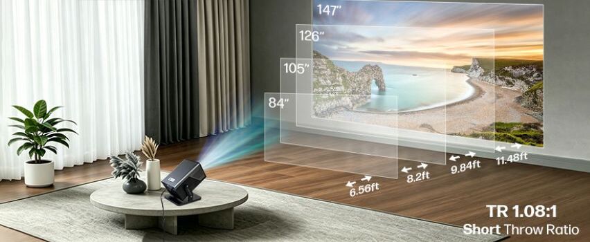 HP Smart Projektor med Short Throw Ratio 1.08:1 – projicerar upp till 147 tums bild i vardagsrummet på kort avstånd