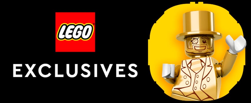 LEGO Exclusives-banner med LEGO-logotyp och guldfärgad Mr. Gold-minifigur med hög hatt och monokel