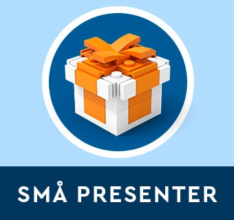 LEGO små presenter – presentask byggd av vita och orange LEGO-klossar med rosett
