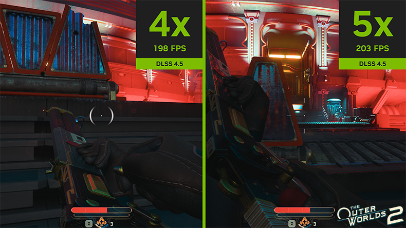 The Outer Worlds 2 split-screen-jämförelse av DLSS 4.5 dynamisk Multi Frame Generation vid 4x 198 FPS mot 5x 203 FPS