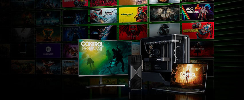 GeForce RTX 50-seriens GPU, stationär dator och laptop med spelet CONTROL Resonant på skärmen omgiven av DLSS 4.5-stödda speltitlar