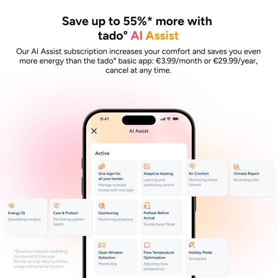 tado° AI Assist i appen med adaptiv uppvärmning, geofencing och detektering av öppet fönster
