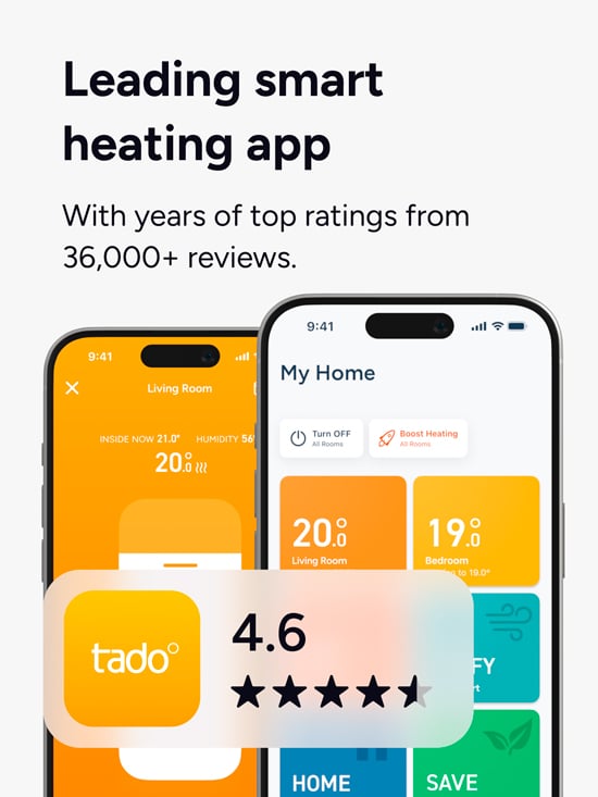 tado° smart värmeapp på två smartphones med 4,6 stjärnor från över 36 000 recensioner