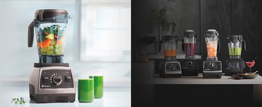 Vitamix mixer fylld med färska grönsaker och grön juice bredvid fyra Vitamix-modeller med färgglada smoothies