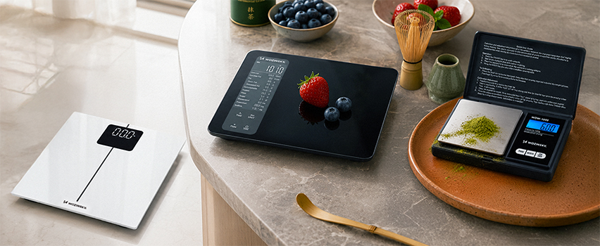 Wozinsky digitala kök- och personvågar på marmorbord med jordgubbar, blåbär och matcha-te