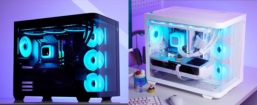 DeepCool CH160 PLUS bärbart M-ATX-chassi i vitt med AIO-vattenkylning och rött chassi med luftkylning