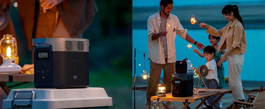 EcoFlow DELTA powerstation vid kvällscamping med familj på strand och stämningsfulla lyktor – bärbar ström utomhus