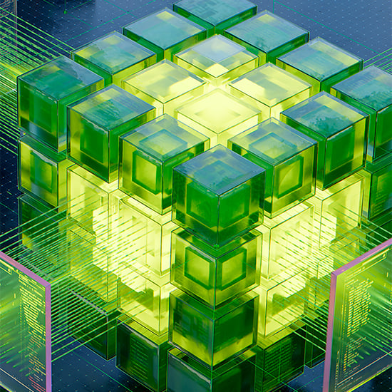 Glödande gröna kuber i 3D som illustrerar NVIDIA RTX Spark som ny standard för AI på pc