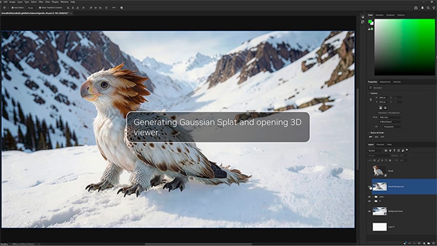AI-agent genererar Gaussian Splat och 3D-vy av ett fantasiväsen i ett bildredigeringsprogram