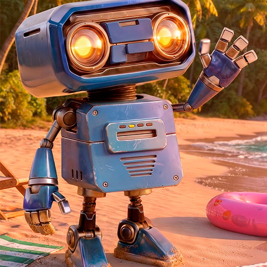AI-genererad bild av retrorobot som vinkar på en strand – kreativt arbete med NVIDIA RTX Spark