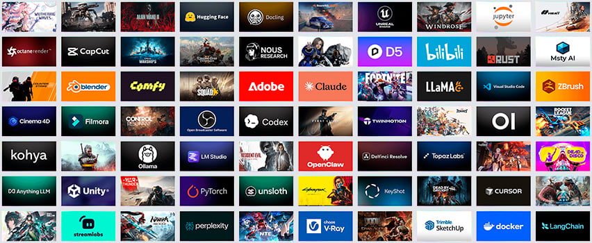Översikt över appar och spel som stöds av NVIDIA RTX Spark, bl.a. Adobe, Blender, Unreal Engine och Fortnite