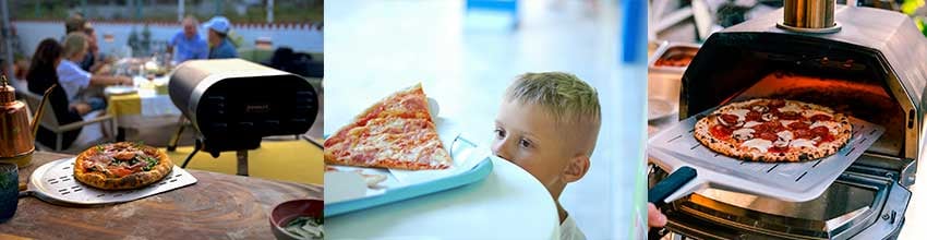 Utomhuspizzaugnar i bruk vid fest, mys och barnvänliga måltider med nystekt pizza i fokus.