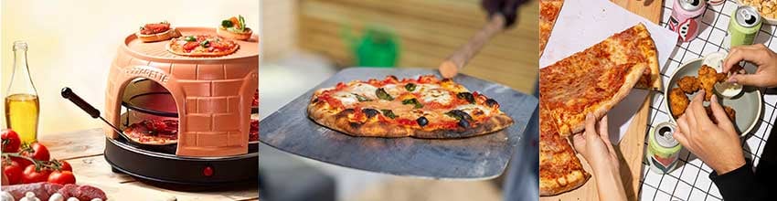 Minipizzaugn i terrakottastil för hemtrevnad, kombinerad med utomhuspizza och informell gemensam måltid med snacks.