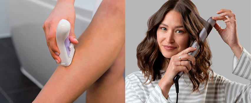 Remington hårborttagning och styling – kvinna använder Remington lady shaver på ben och kvinna lockar håret med Remington locktång