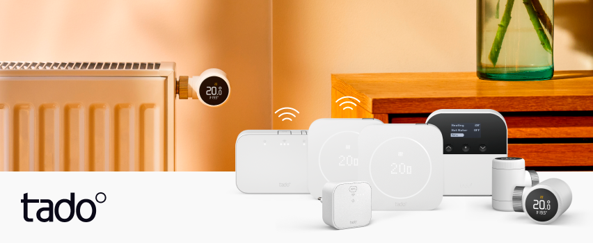 tado° smarta termostater, elementtermostater och trådlös bridge för intelligent värmestyrning i hemmet